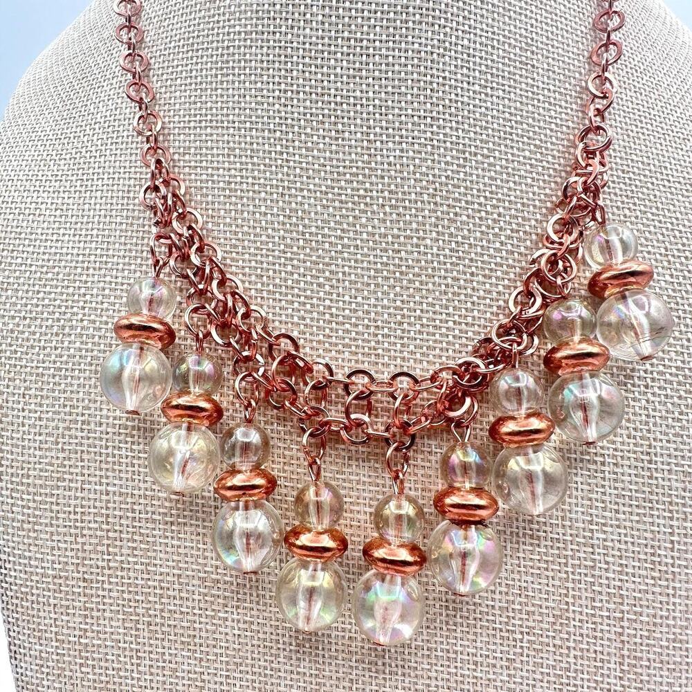 Vintage 90s Rose Gold Tone Glass Orb Statement Fringe Necklace Boho Jewelry Y2K